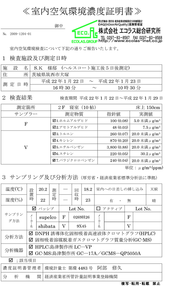室内空気環境濃度証明書